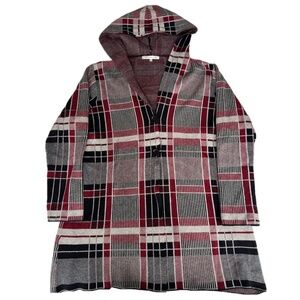 Today’s Designer Plaid Red Gray Black Hooded Button Snap Tunic Cardigan Sweater
